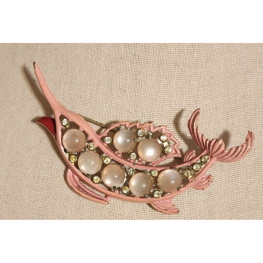 Rare VTG Pink Enamel Swordfish Marlin Brooch Moonstone Rhinestone Nautical READ
